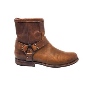 FRYE Phillip Harness Leather Ankle Boots Brown Moto Biker 76870 Size 7.5